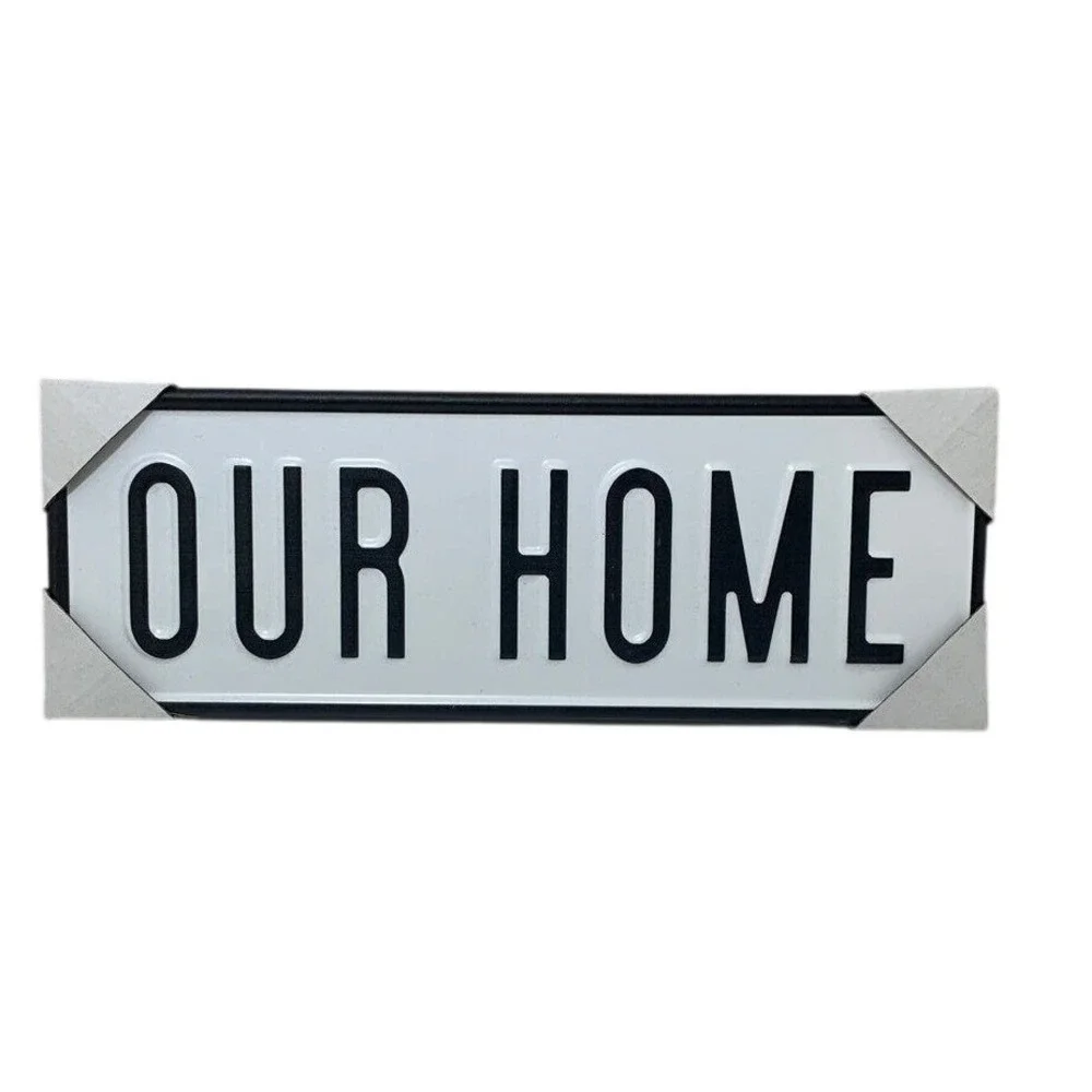 Our‎ Home Metal Wall Sign White Black Enamel Plaque Farmhouse Decor Rustic New